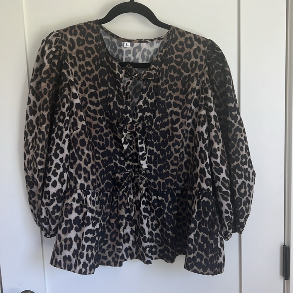 🕶️Tie-Front Leopard Print Oversize Peplum Blouse Sz L - Picture 6 of 7